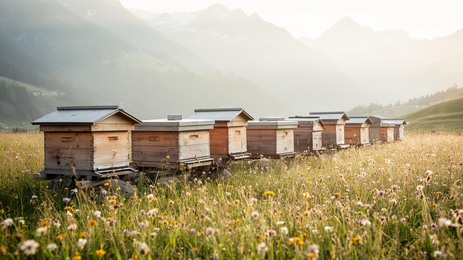 Bienenstöcke in einer alpinen Wiese im Morgenlicht